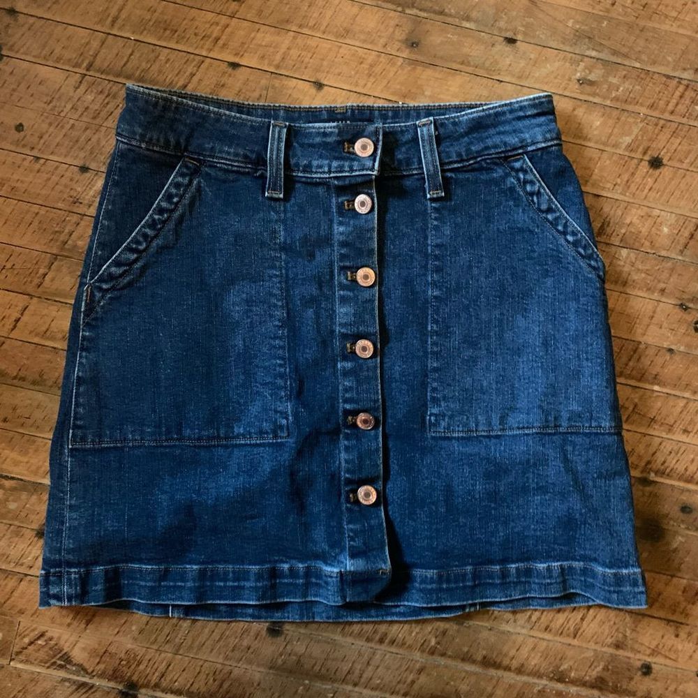 J Crew dark wash copper button down the front 4 denim mini skirt